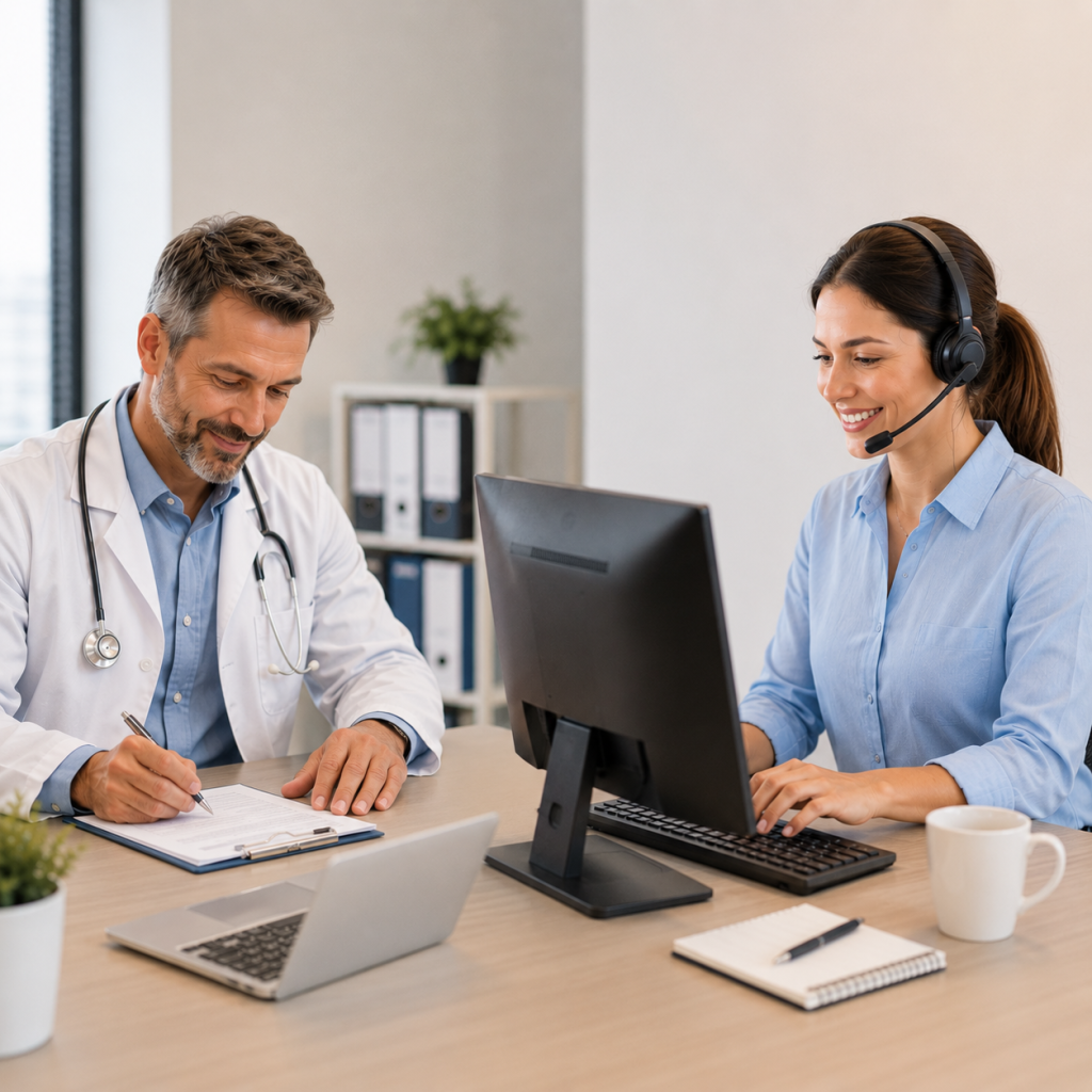 Médecin et secrétaire médicale à distance travaillant en collaboration dans un environnement professionnel moderne, illustrant l’externalisation du secrétariat médical et la gestion administrative des cabinets de santé.