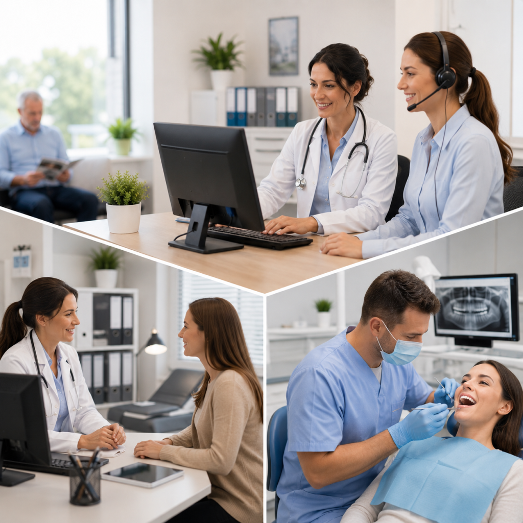 Professionnels de santé et patients dans différents environnements médicaux modernes, illustrant les bénéfices de l’externalisation du secrétariat médical : meilleure organisation, gain de temps, qualité de service renforcée et satisfaction des patients.