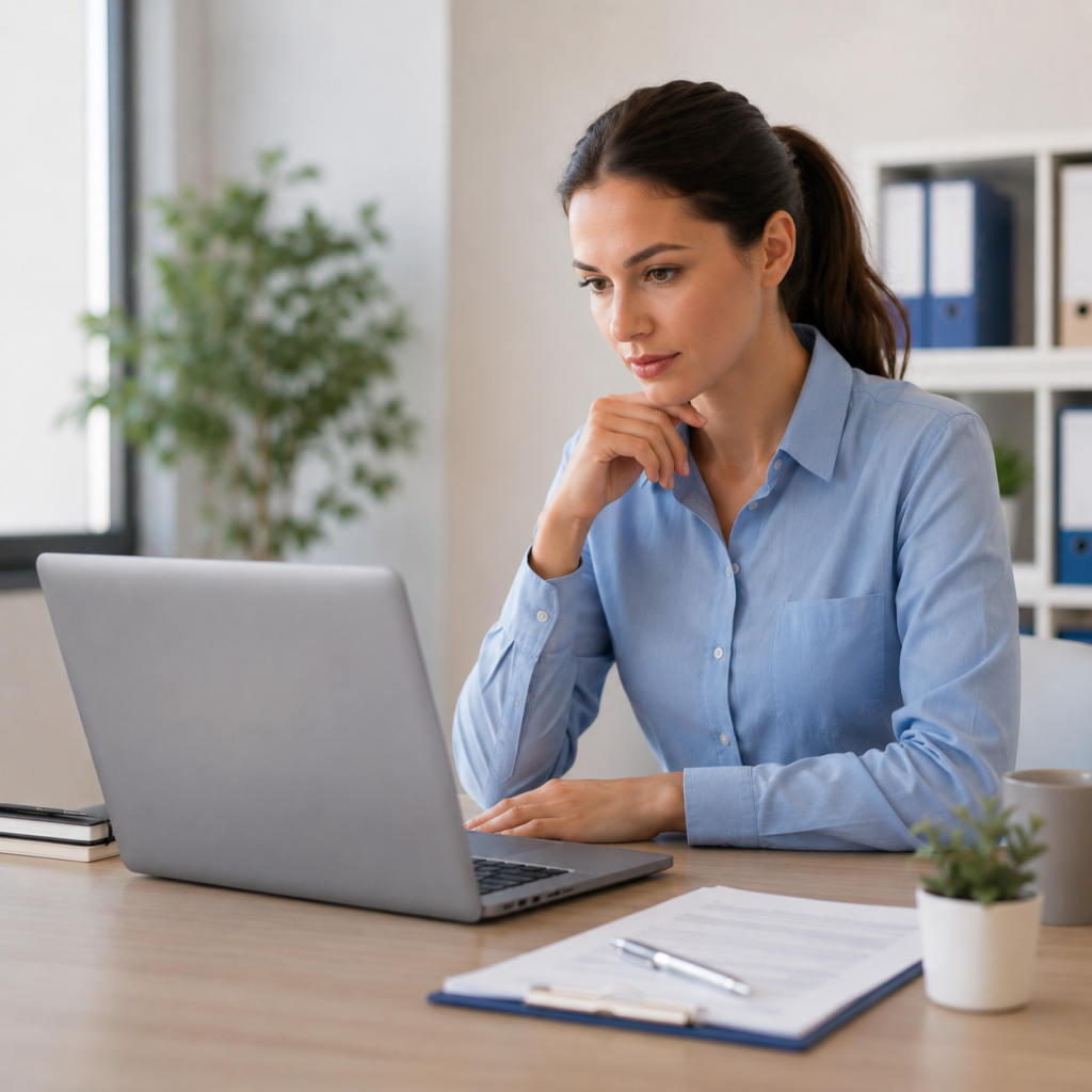Professionnelle du secrétariat médical travaillant sur ordinateur dans un environnement moderne et organisé, illustrant l’analyse, la fiabilité et le choix d’un service de secrétariat médical adapté aux besoins des professionnels de santé.